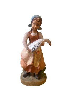 Vintage ANRI Carved Wood Goose  Girl Scarf Dress Pinafore 6 1/2" TALL